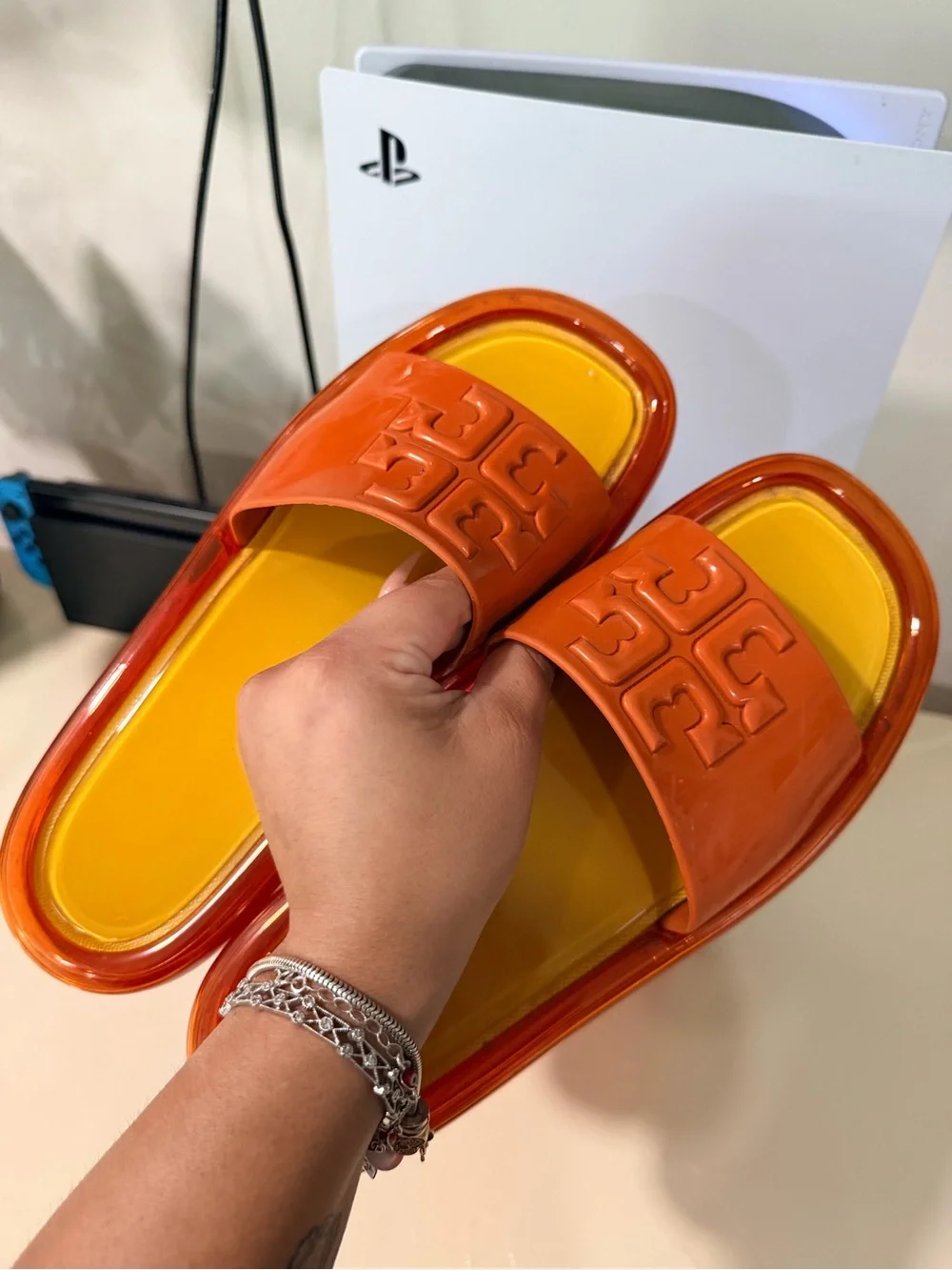 Orange Logo Slide Sandals with Yellow Footbed